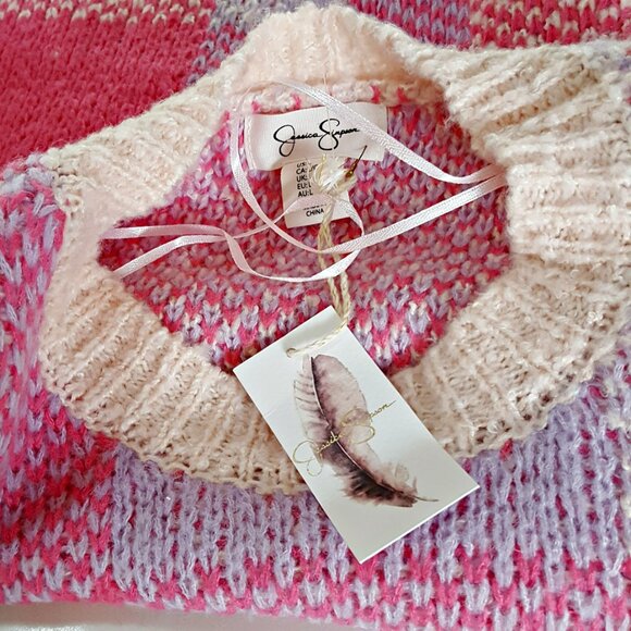 NWT! OVERSIZED PINK PLAID Boho SWEATER SZ L - Picture 2 of 5